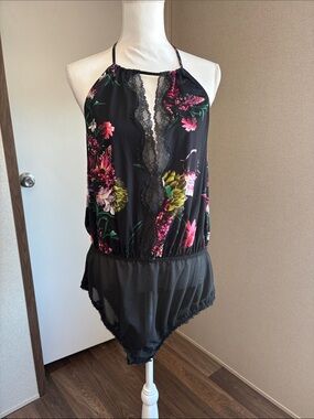 Cacique Black Floral Lace Halted Teddy Bodysuit Lingerie Boudoir Sheer Sz 22/24